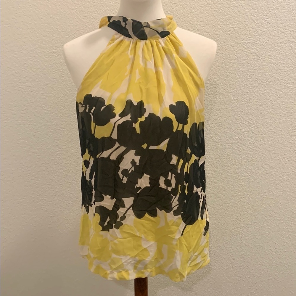 Jonathan Martin Yellow White Sheer Floral Tie Neck Sleeveless